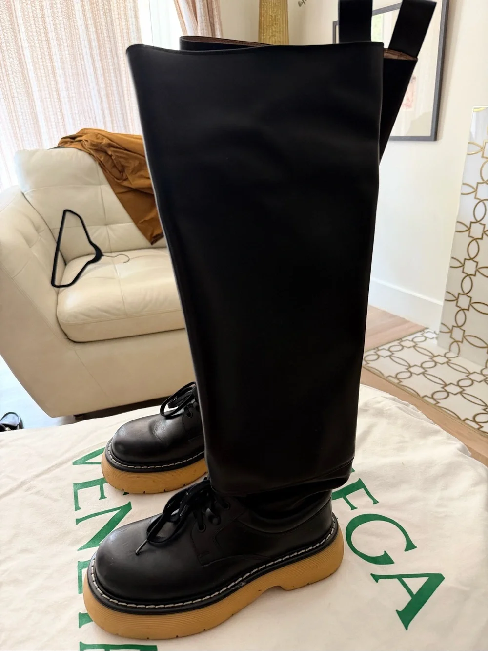 Bottega Veneta Black Leather Tall Lace-Up Boots with Tan Platform Sole